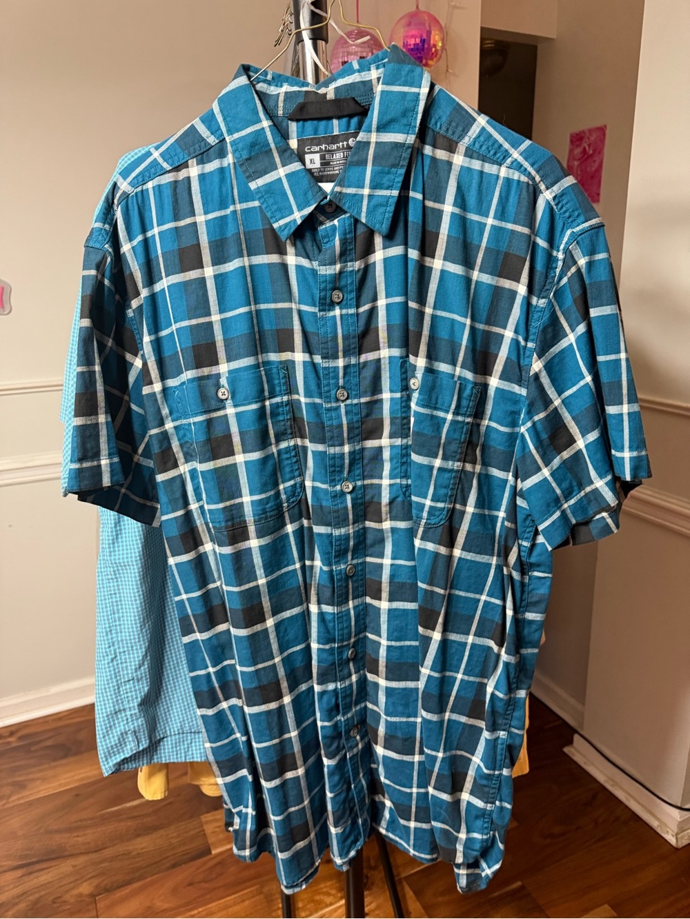 Carhartt Men’s Blue and Black Plaid Short-Sleeve Button-Down Shirt